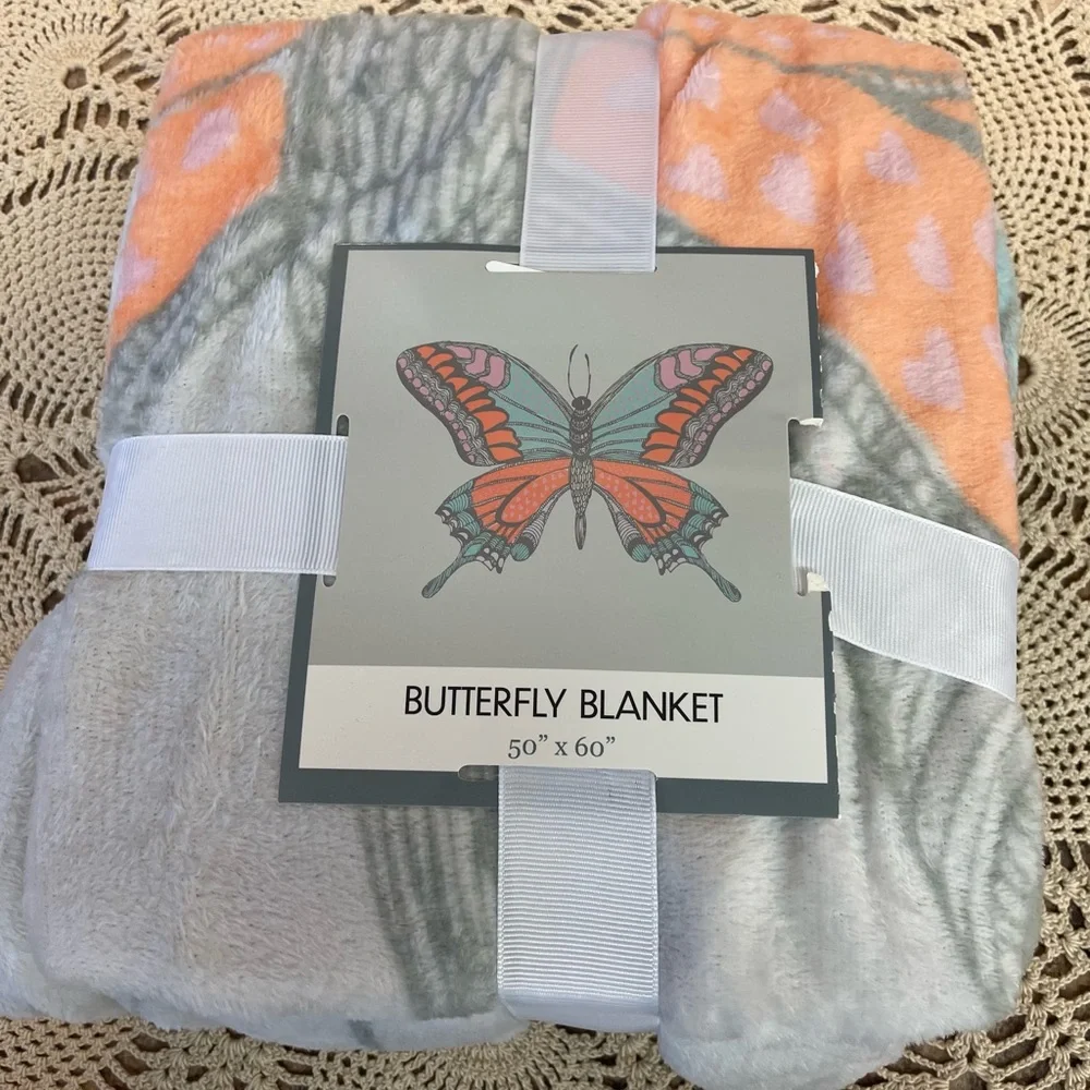 Butterfly Blanket Plush Throw - Gray and Orange Nwt